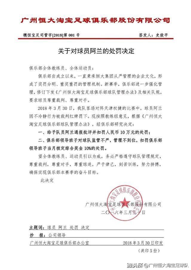 看是什么引恒大阿兰情绪失控肘击刘奕鸣?网传足协王小平罚单为假
